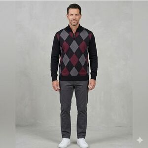 Studio by Omega Men's NWT Black Argyle Quarter Zip Pullover Sweater Size Small